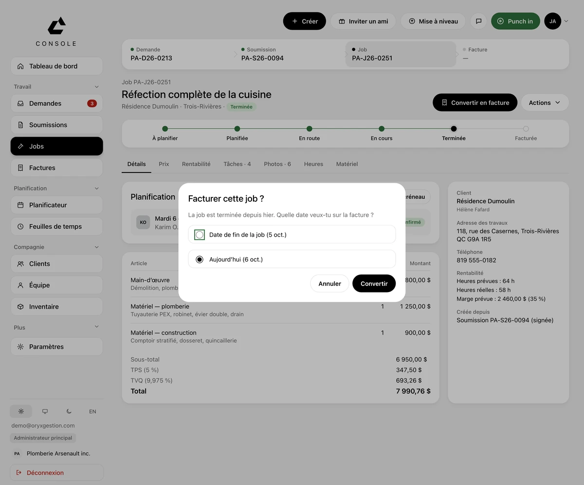Une job terminée dans ORYX Console, avec la fenêtre « Facturer cette job ? » et le choix de la date.