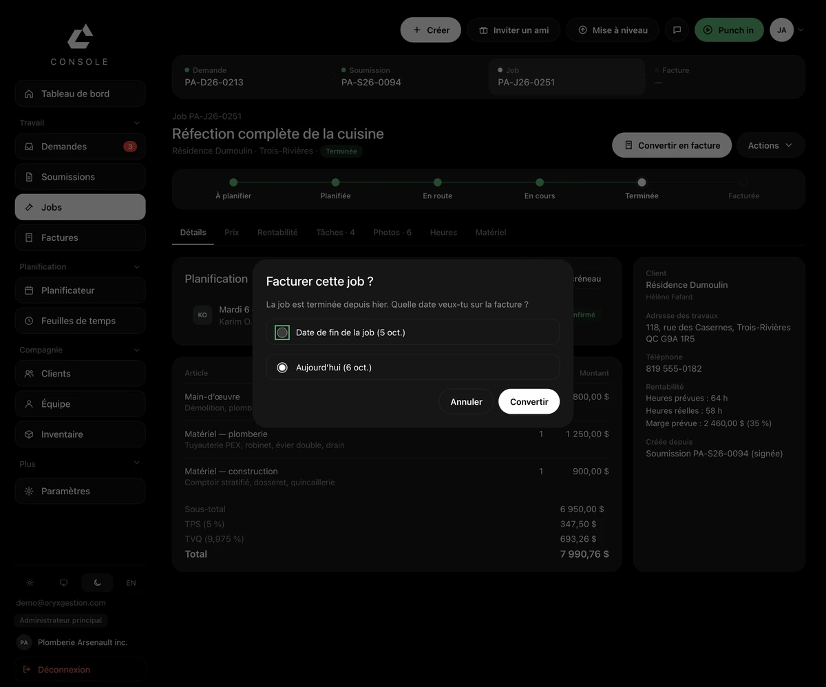 Une job terminée dans ORYX Console, avec la fenêtre « Facturer cette job ? » et le choix de la date.