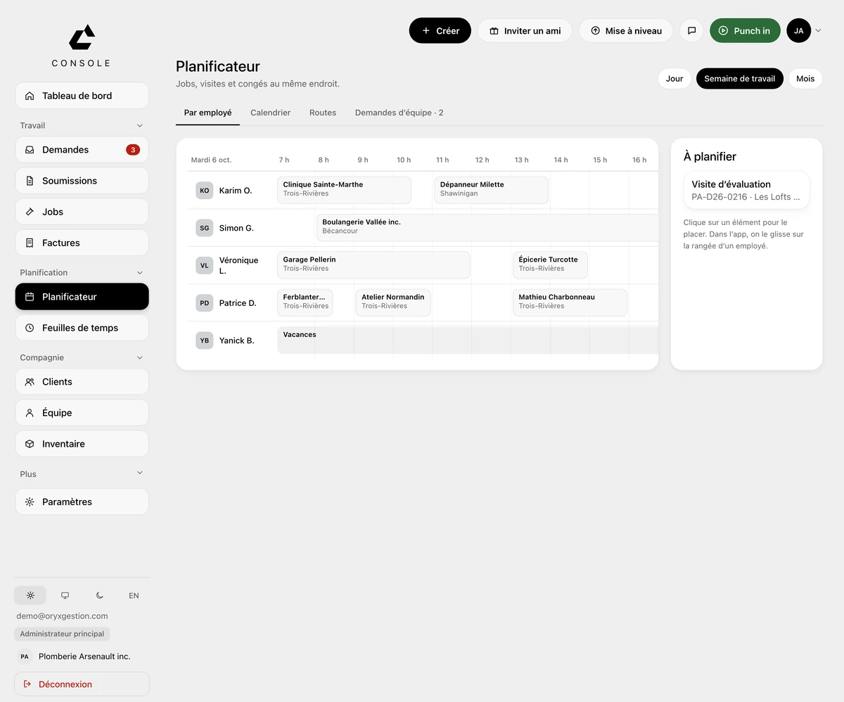 Écran Planificateur d'ORYX Console : une rangée par employé pour le mardi 6 octobre, l'axe des heures de 7 h à 16 h, des blocs portant le nom du client et sa ville, un bloc Vacances sur la rangée de Yanick B., les onglets Par employé, Calendrier, Routes et Demandes d'équipe, et la colonne À planifier à droite.