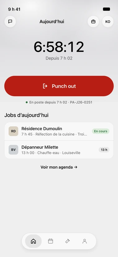 Écran Aujourd'hui de l'app ORYX Console : le compteur du quart en cours, le bouton Punch out en rouge, et les deux jobs de la journée.