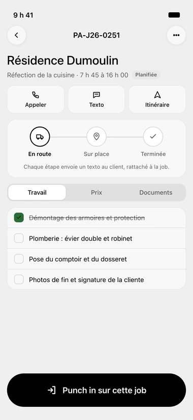 Fiche d'une job dans l'app ORYX Console : les boutons Appeler, Texto et Itinéraire, les étapes En route, Sur place et Terminée, la liste des tâches à cocher, et le bouton Punch in sur cette job.